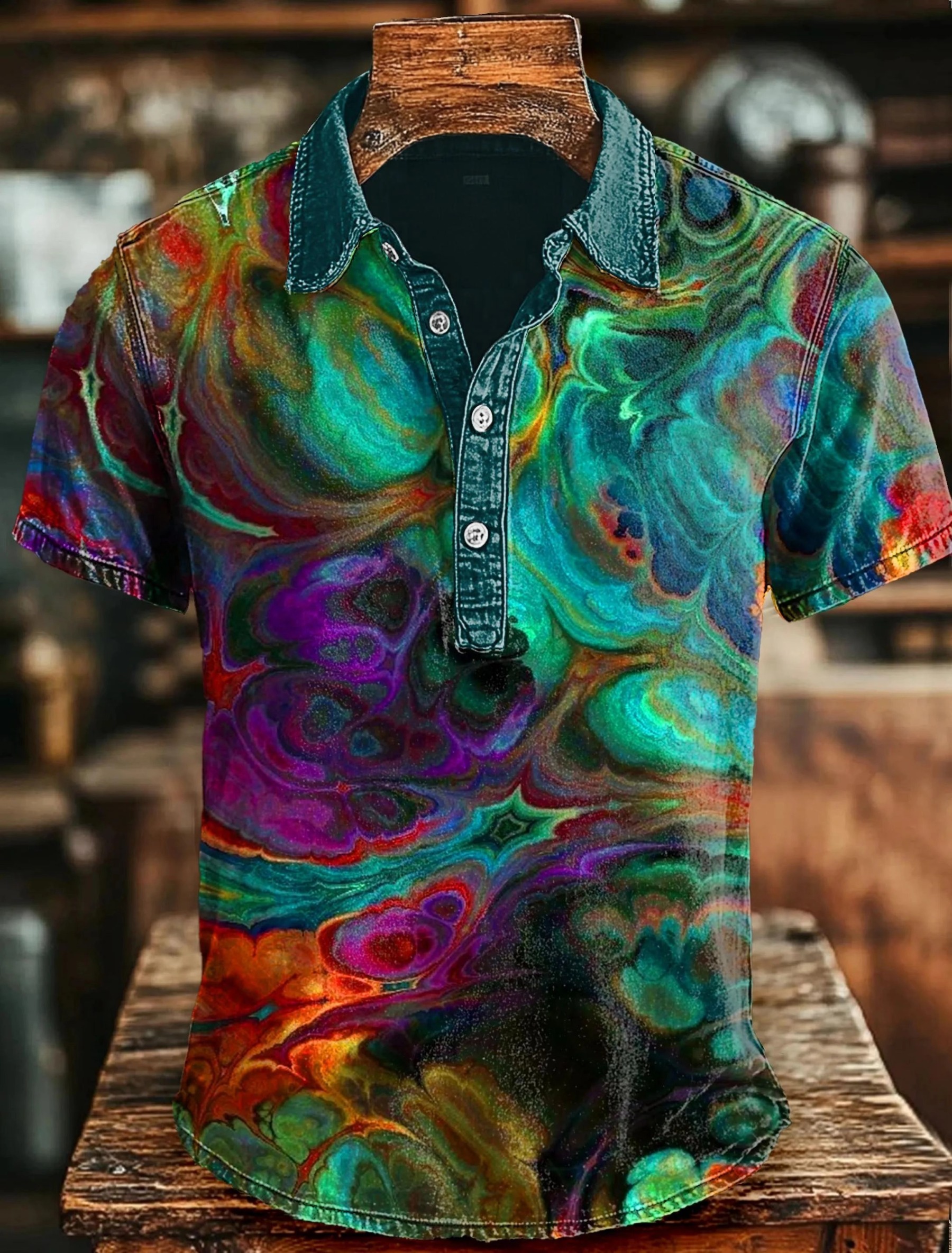 Multicolor Psychedelic Art Print Casual Short Sleeve Polo Shirt