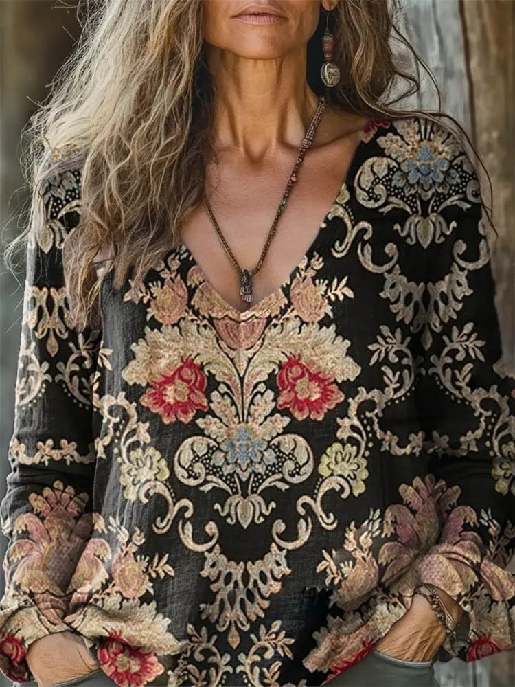 Women's Vintage Lovely Floral Art Print Casual Long Sleeve Comfortable