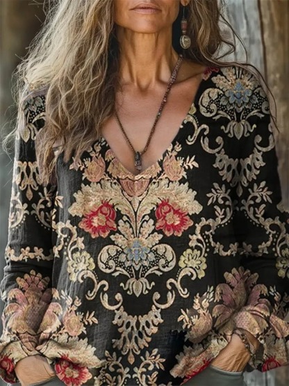 Women's Vintage Lovely Floral Art Print Casual Long Sleeve Comfortable Cotton Shirt