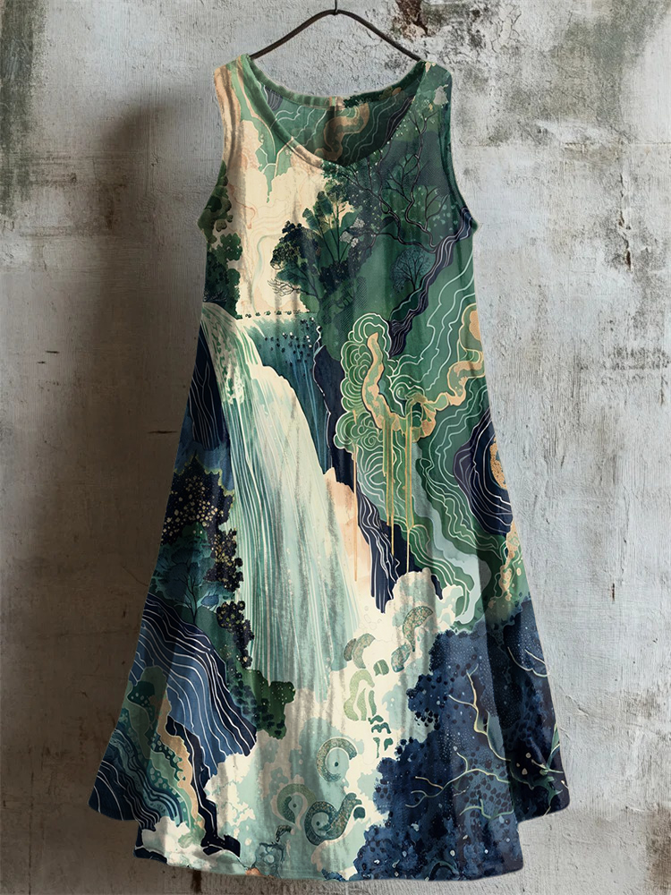 Hokusai Ukiyo-e Japanese Waterfall Art Landscape Print Linen Tank Dress