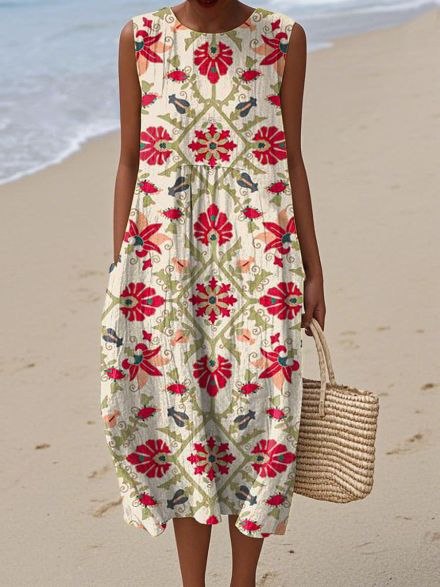 Women's Vintage Floral Art Print Sleeveless Cotton Pocket Wrap Dress
