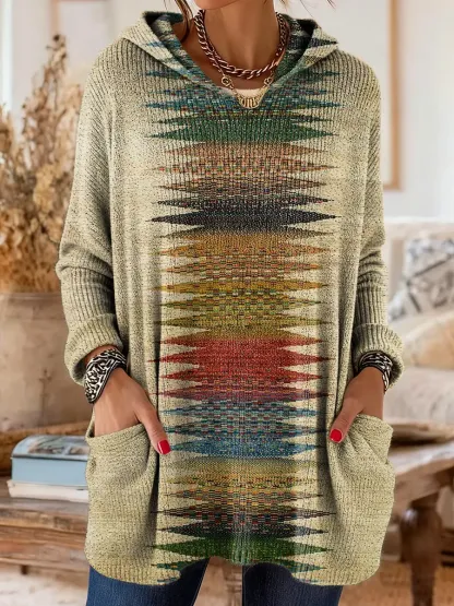 Women's Bohemian-print Artistic Pattern Knit Hoodie With Pockets