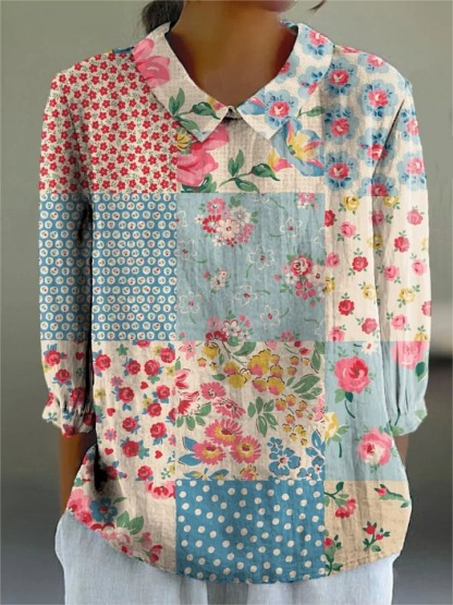 Vintage Bohemian Floral Cotton and Linen Peter Pan Ruffle Collar Shirt