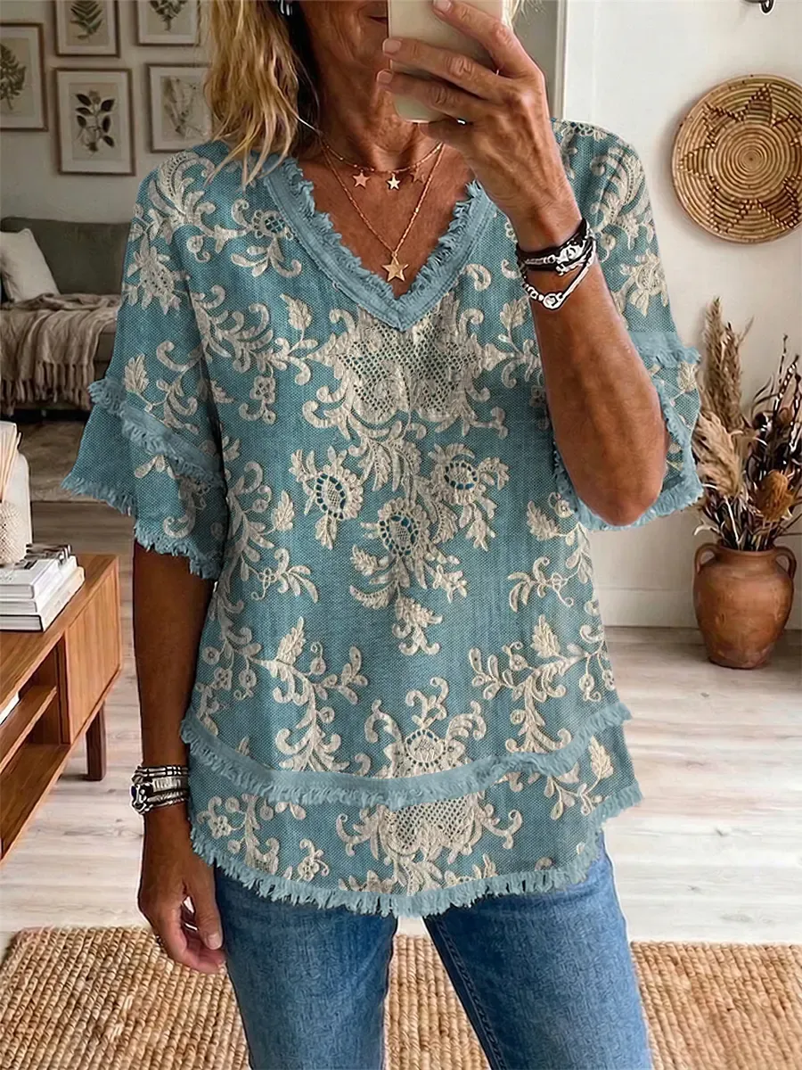 Ethnicity Totem Texture Women's Art Casual Patchwork V Collar Shirt