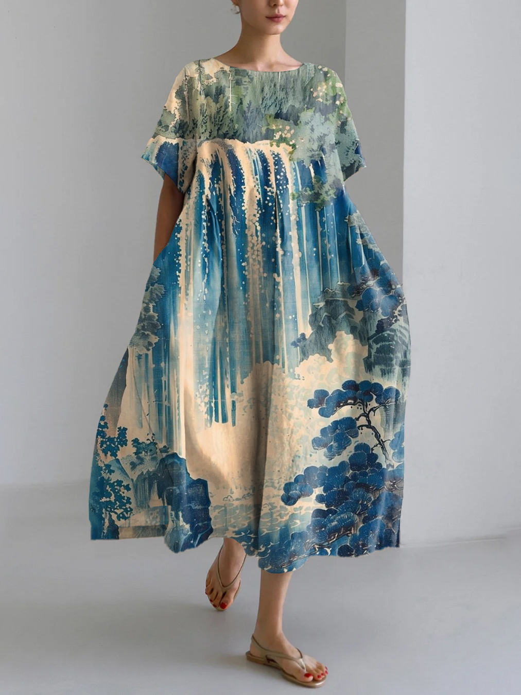 Hokusai Ukiyo-e Blue Green Japanese Waterfall Art Print Linen Blend Maxi Dress