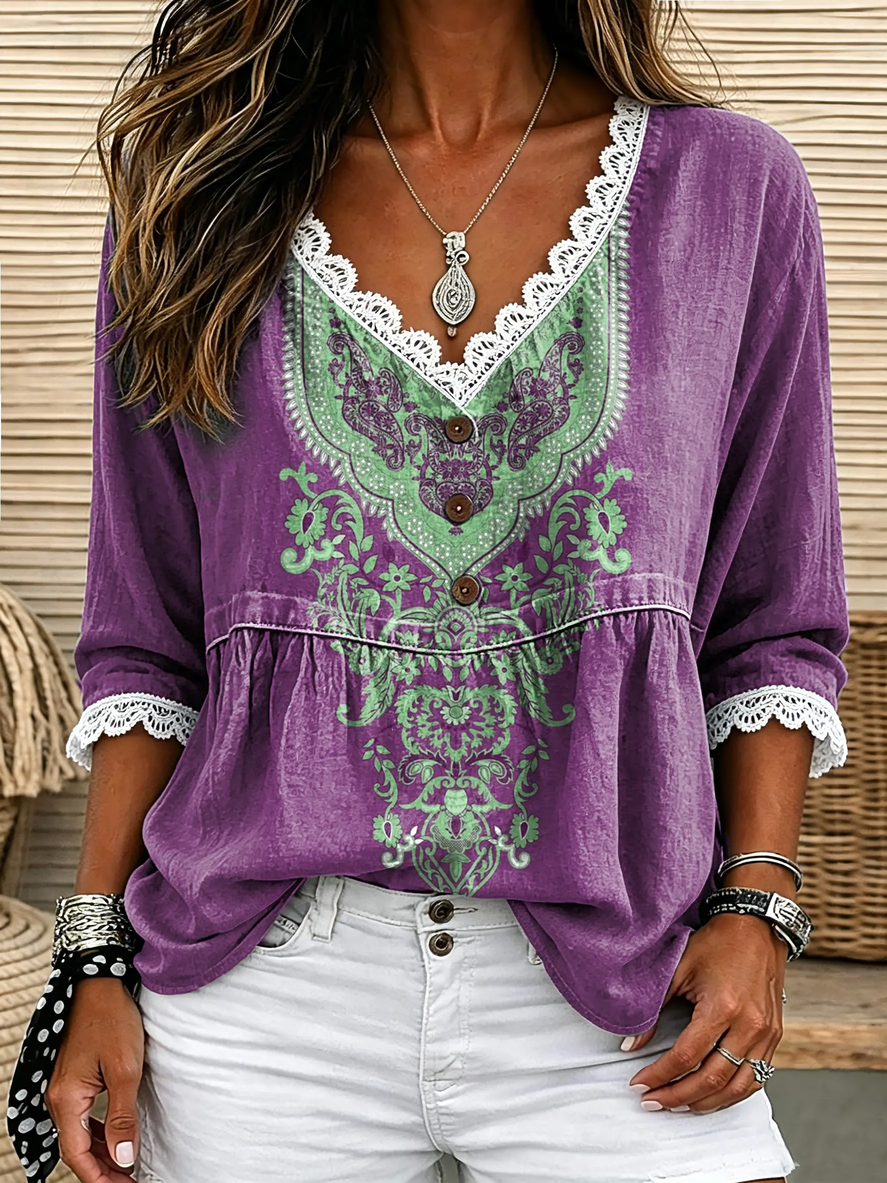 Women's Vintage-Style Ethnic Style Art Print Top with Lace Splicing