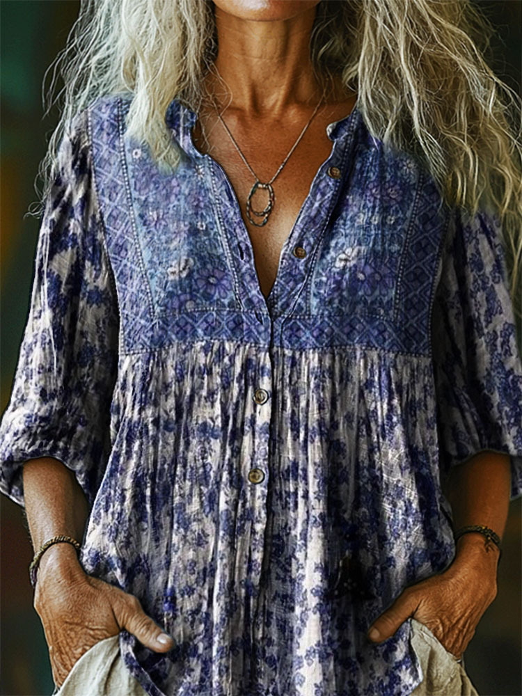 Women's Retro Floral Art Print Casual Cotton Linen Shirt