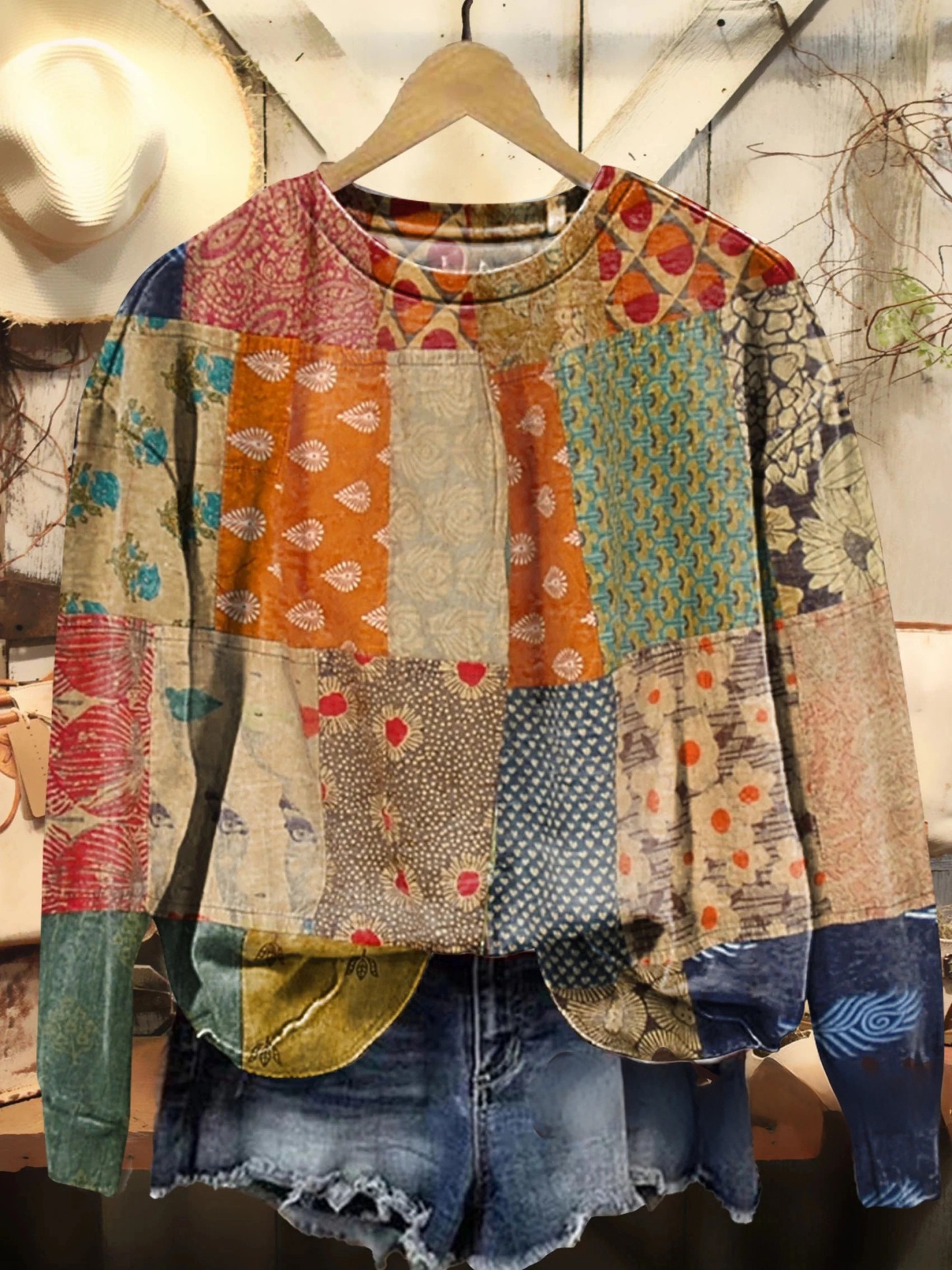 Women's Vintage Floral Patchwork Pattern Artistic Print Button V-neck Cardigan Sweater