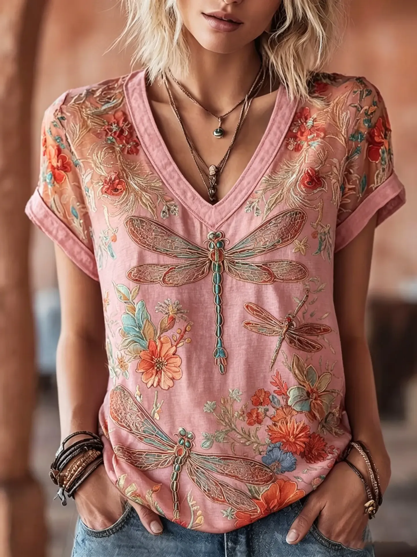 Women's Vintage Dragonfly Floral Print Cotton V-Neck Tee