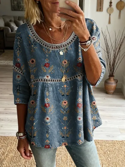 Women's Floral Pattern Art Print Casual Round Neck Lace-up Top