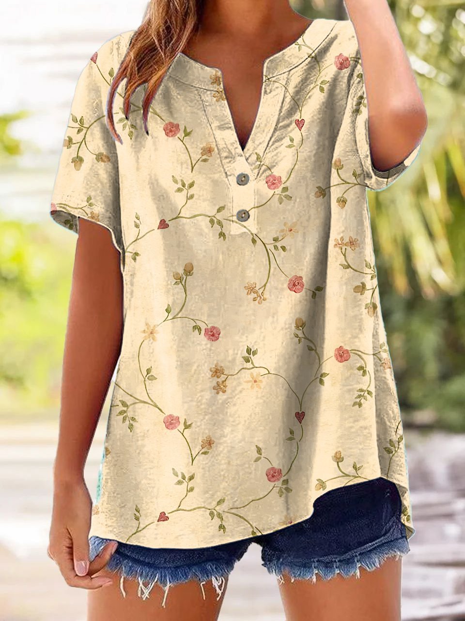 Women's Casual Retro Floral Cotton And Linen Shirt