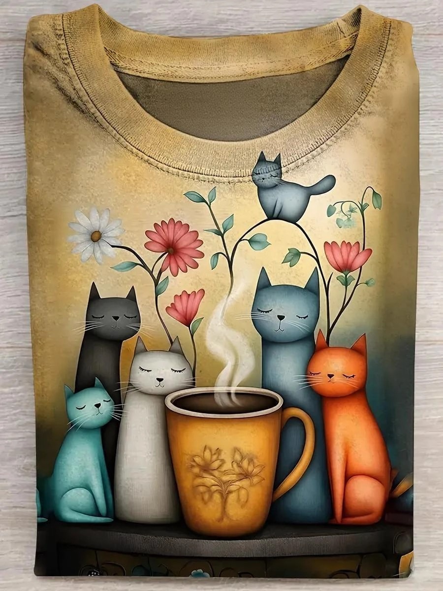 Retro Cat Flowers Art Print Casual Cotton Short Sleeved T-shirt