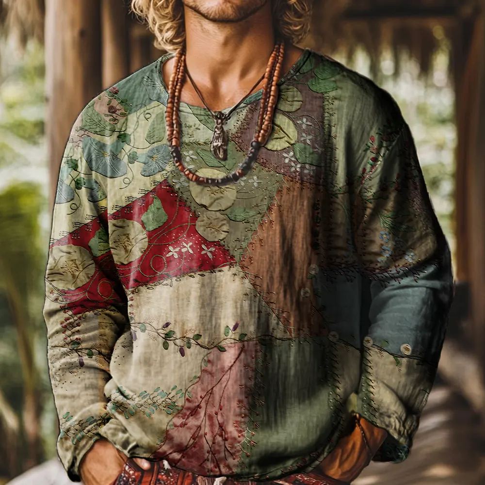 Ethnicity Patchwork Green Leaves Vintage Print Casual Cotton Shirt