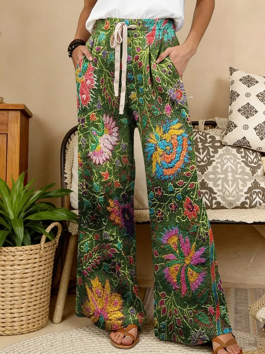 Women's Retro Ethnic Floral Art Print Comfortable Drawstring Knit Trousers
