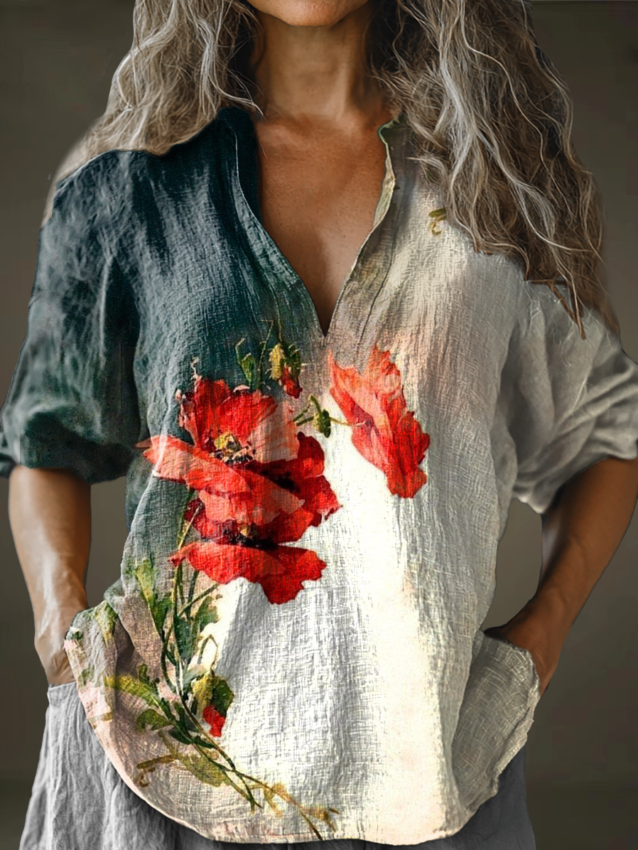 Women's Poppy Flower Art Pattern Print Long Sleeve Comfortable Cotton And Linen Shirt