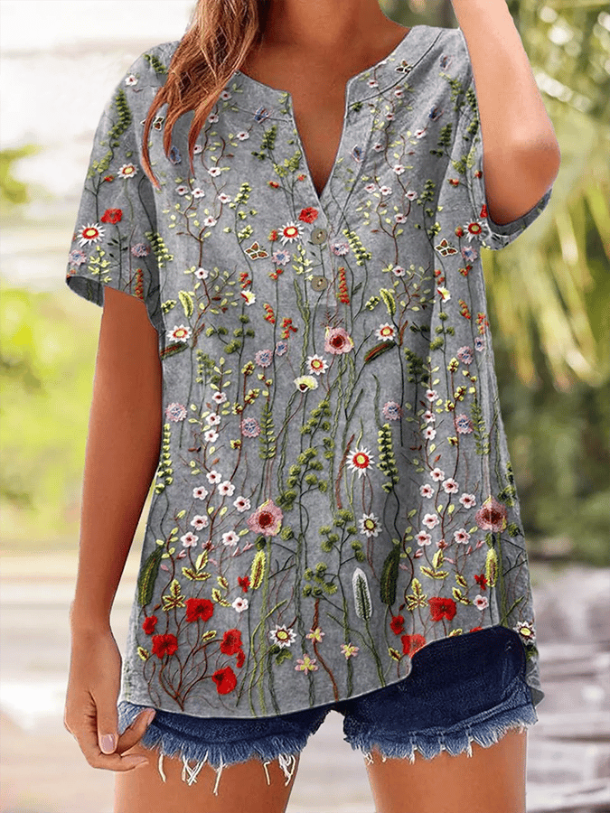 Women's Vintage Botanical Floral Button Design V-Neck Short Sleeve Shi