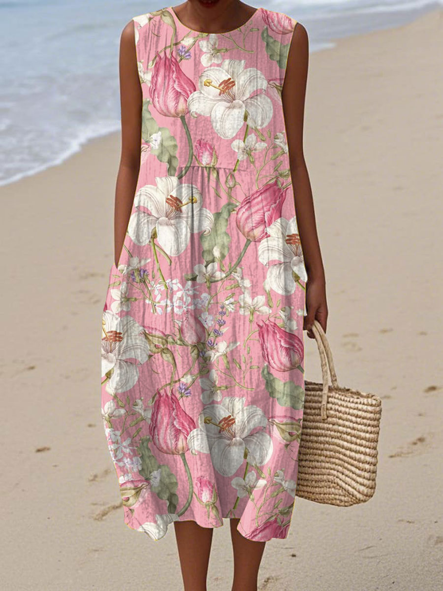 Women's Vintage Floral  Art Print Sleeveless Cotton Pocket Wrap Dress