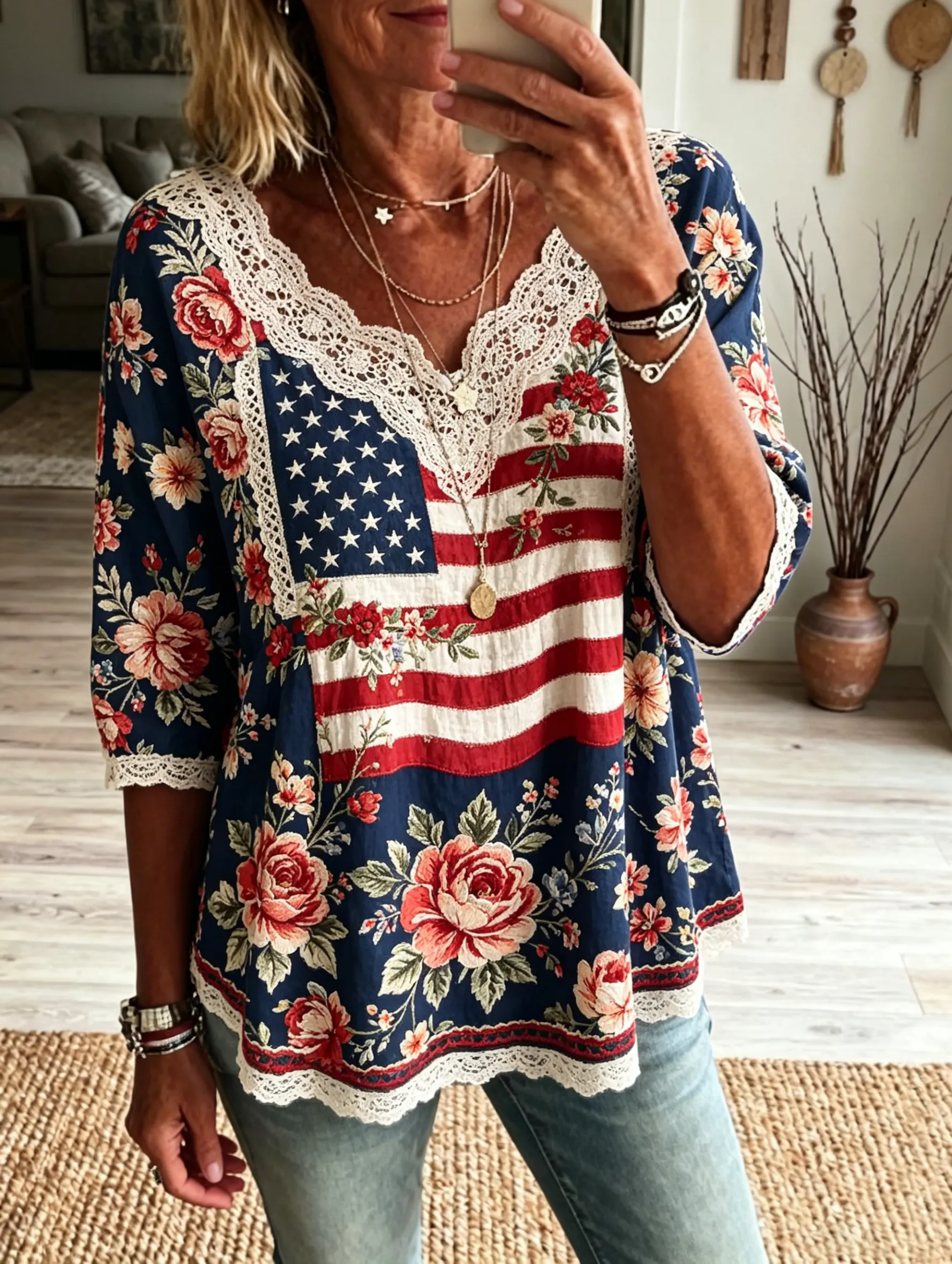Women's American Flag Rose Floral Print Lace Cotton Peplum Blouse