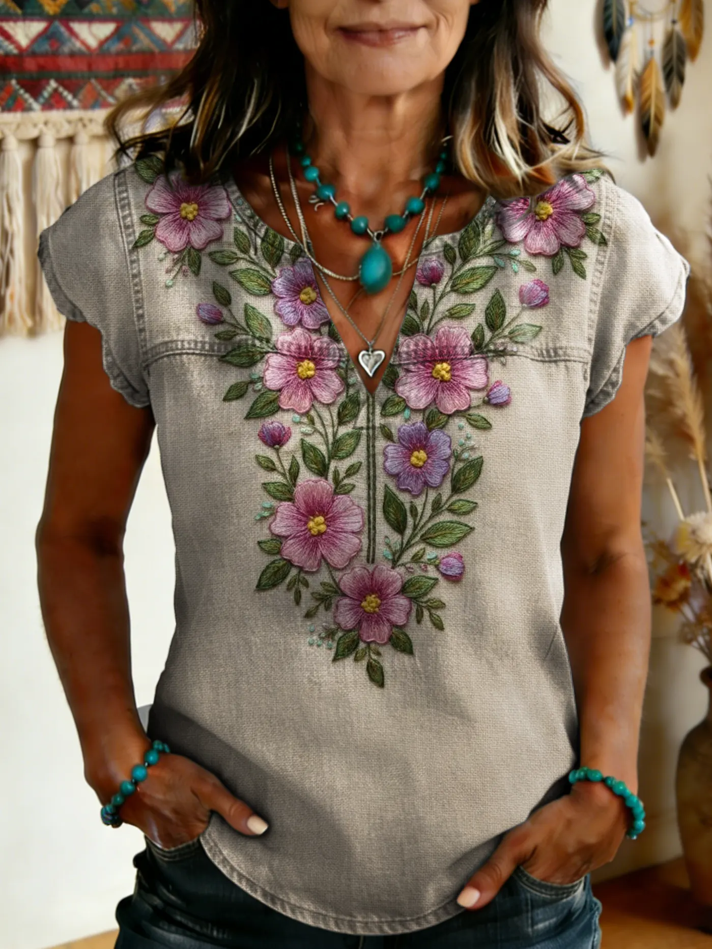 Women's Vintage Floral Print V-neck Short-sleeve T-shirt