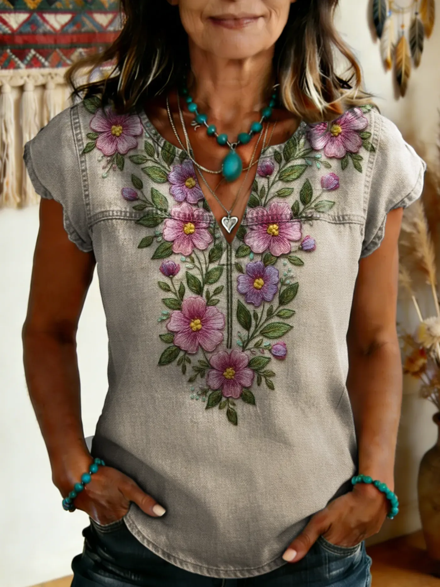 Women's Vintage Floral Print V-neck Short-sleeve T-shirt