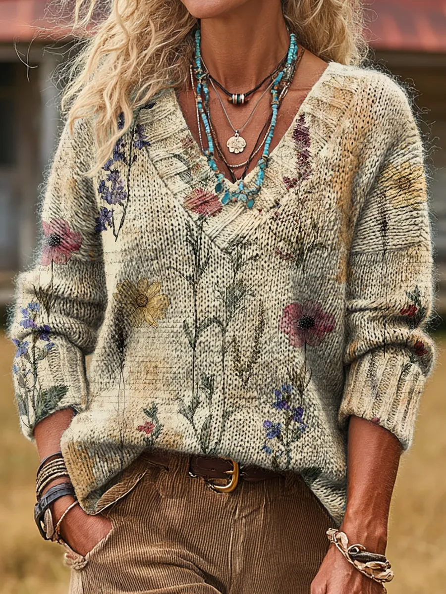 Unisex Vintage Floral Art Print Casual Long-sleeved V-neck Wool Blend 