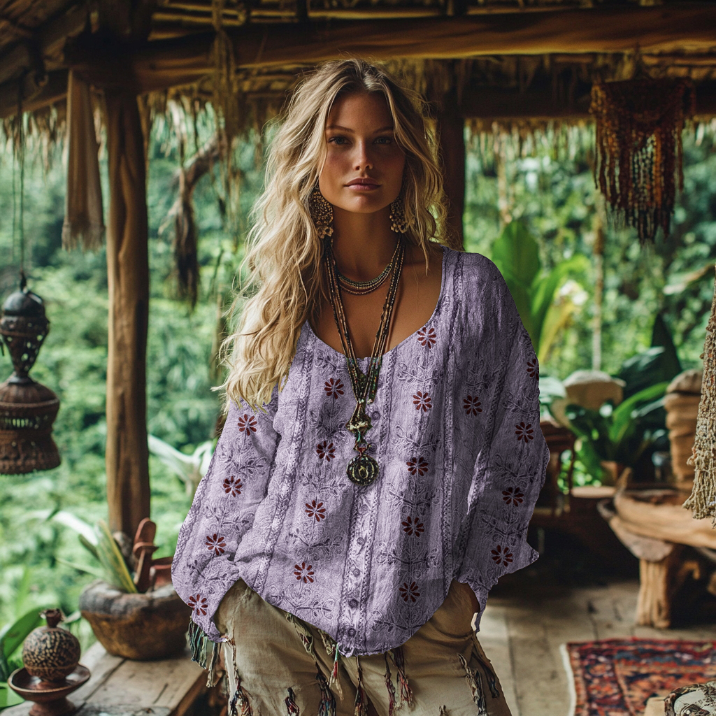 Vintage Tribal Floral Art Cotton Linen Casual Shirt