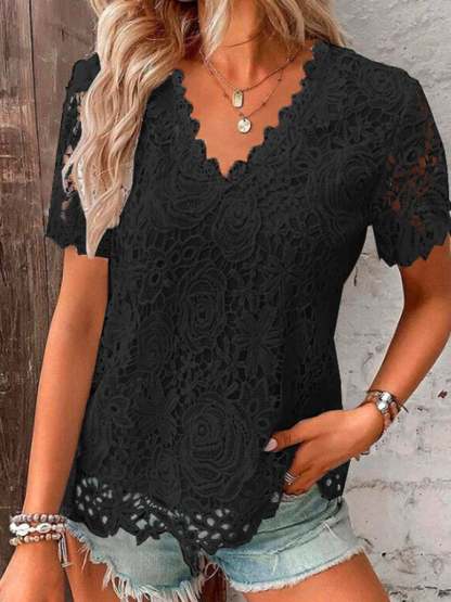 Women's Breast Cancer Pink V-Neck Elegant Lace Top Short Sleeve T-Shirt