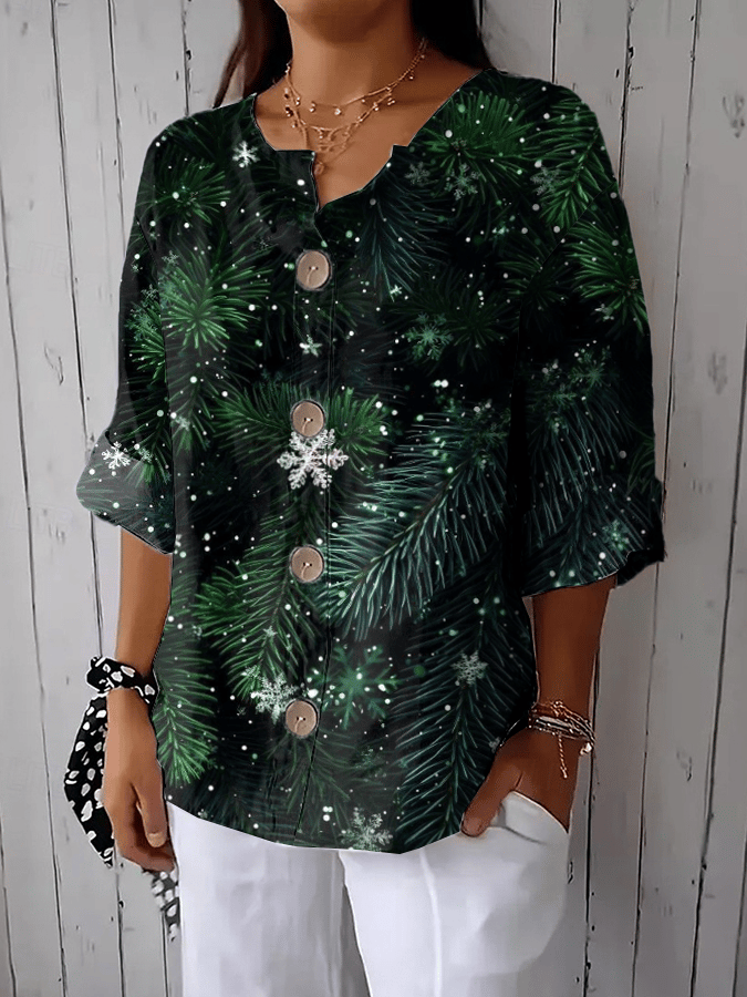 Women's Green Plant Print Casual Lapel Shirt