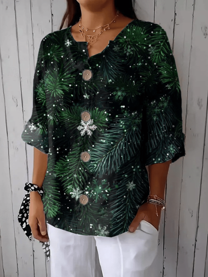 Women's Green Plant Print Casual Lapel Shirt