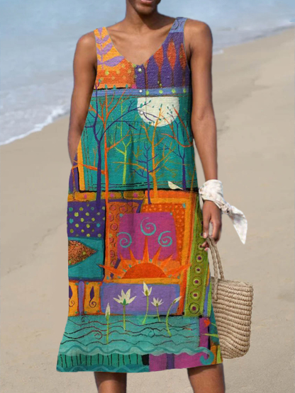 Women's Abstract Colorful Landscape Geometric Illustration Art Print Sleeveless Cotton And Linen Dress