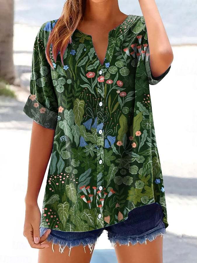 Women's Retro Casual Floral Cotton and Linen Shirt