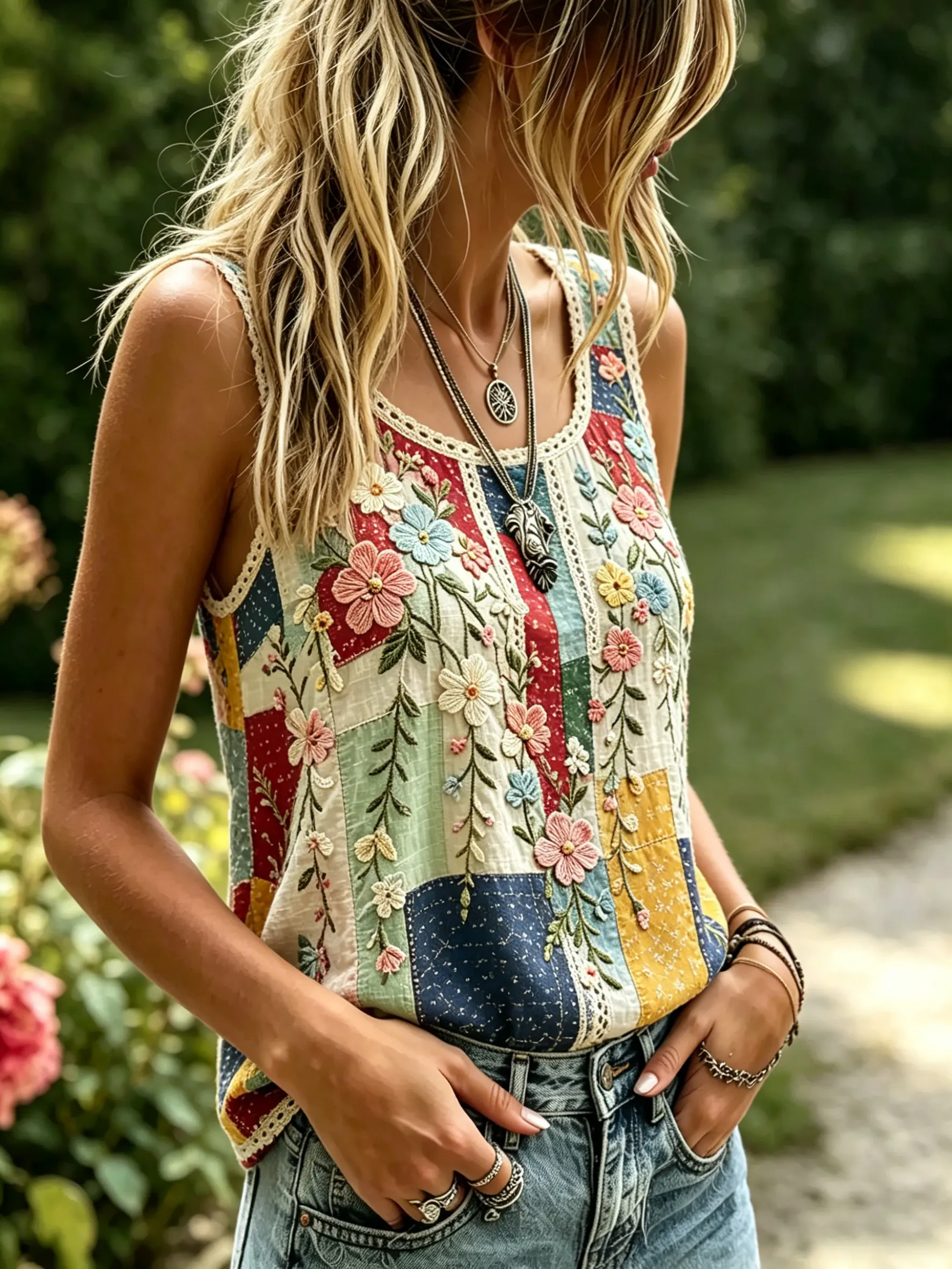 Women's Patchwork Floral Print Cotton Lace Trim Sleeveless Tank Top