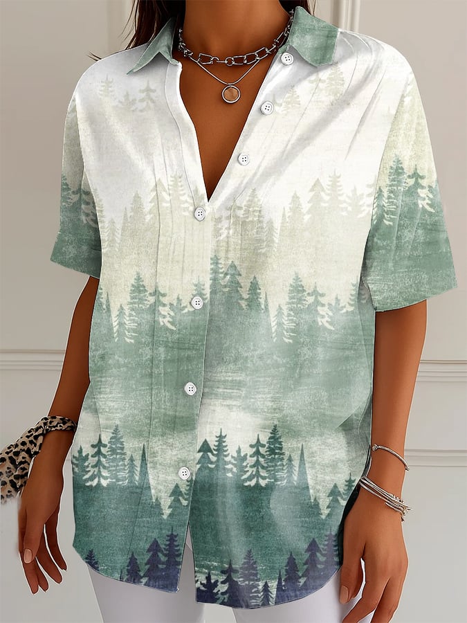 Women's Vintage Forest Art Art Print Lapel Shirt