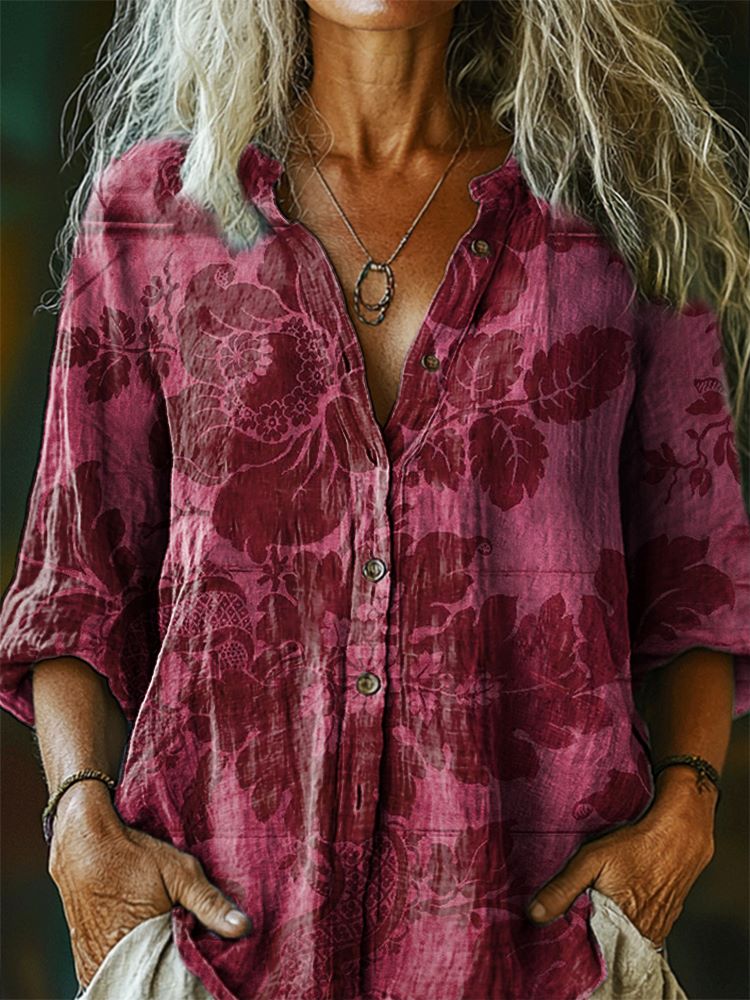 Women's Vintage Ethnic Floral Tattoo Collage Pattern Art Print Casual Cotton Linen Shirt