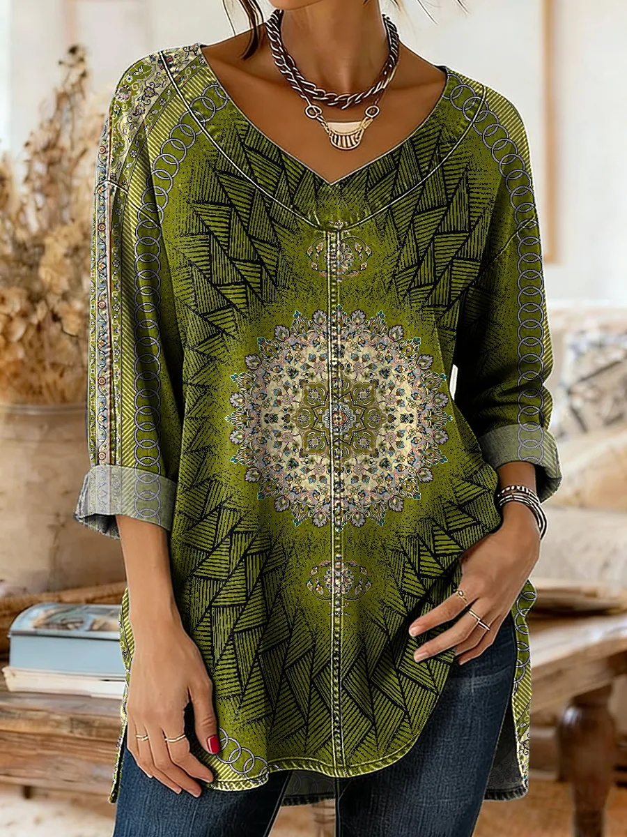 Women's Vintage Ethnic Green Mandala Art Print Casual V-neck Long Slee
