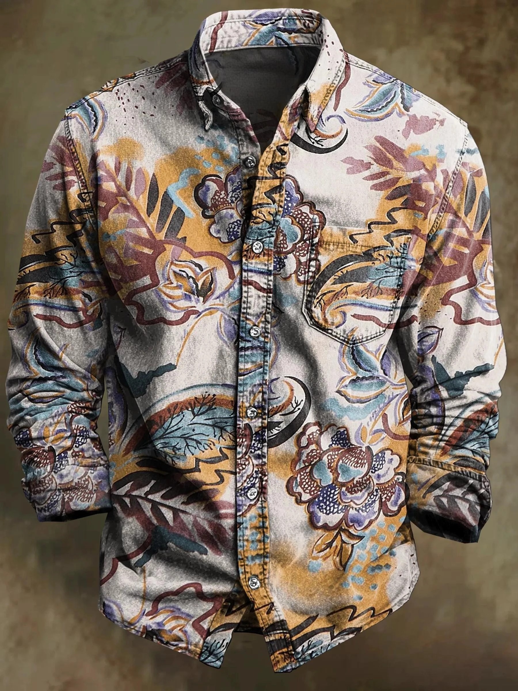 Vintage Abstract Ethnic Totem Art Print 100% Cotton Long Sleeve Shirt