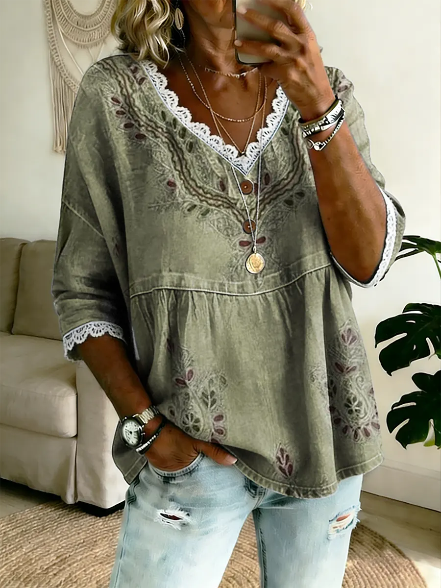 Ethnicity Bohemia Flowers Texture Women's Vintage Art Print Casual V Neck Cotton Denim Top