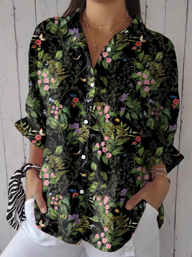 Women's Casual Forest Floral Cotton And Linen Shirt