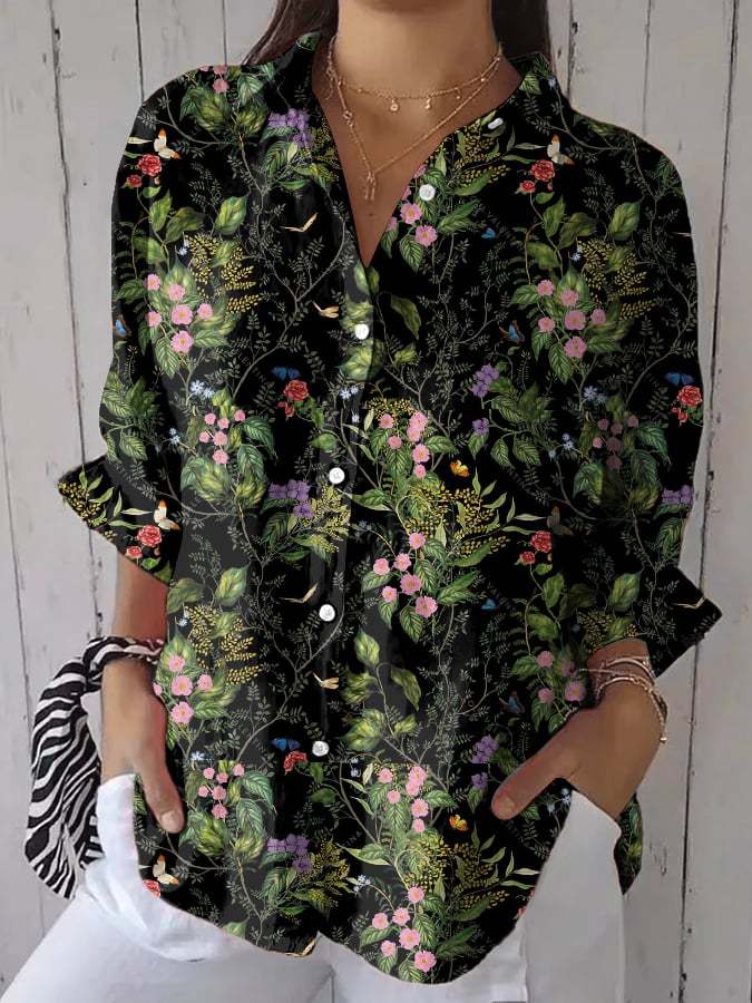 Women's Casual Forest Floral Cotton And Linen Shirt