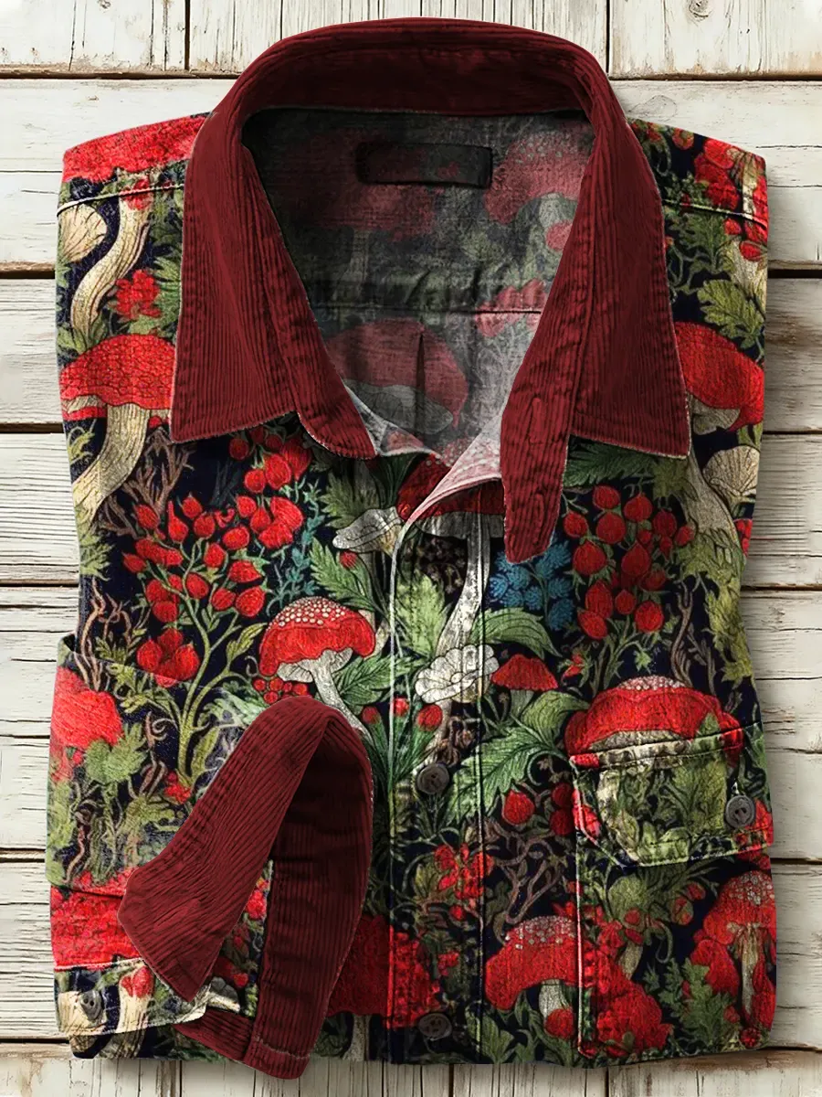 Retro Mushroom Flower Print Denim Casual Long Sleeve Corduroy Patchwor
