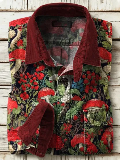 Retro Mushroom Flower Print Denim Casual Long Sleeve Corduroy Patchwork Collared Shirt