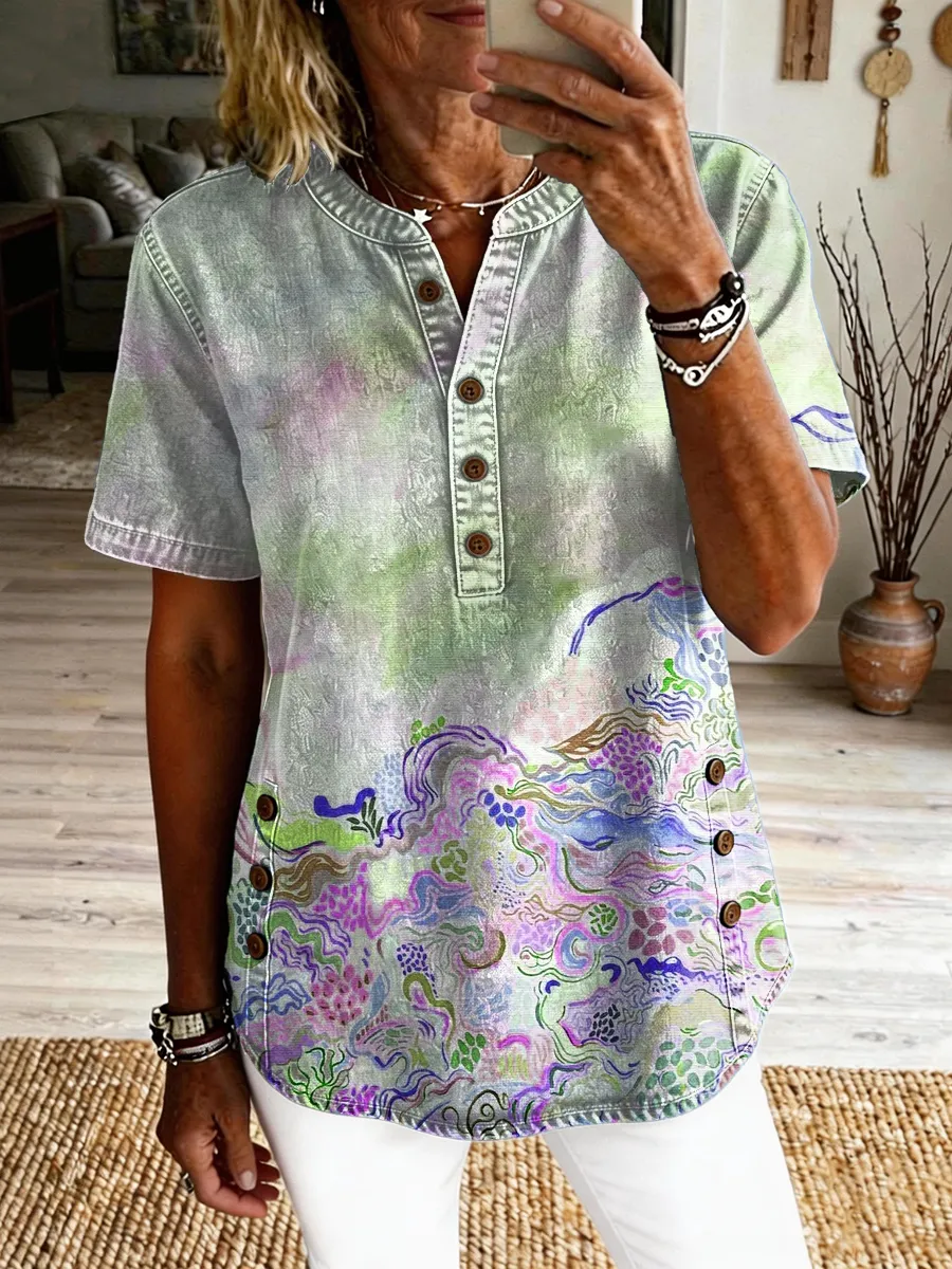 Women's Retro Colorful Ethnic Art Print Casual Short-sleeve Shirt