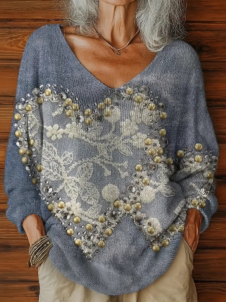 Women's Vintage Lace Love Art Print V-neck Casual Pullover Sweater
