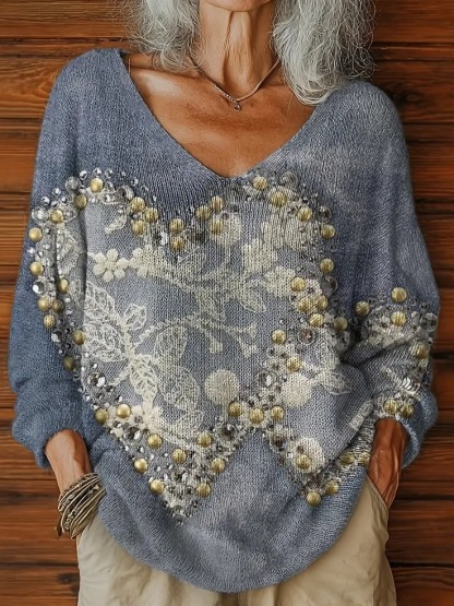 Women's Vintage Lace Love Art Print V-neck Casual Pullover Sweater