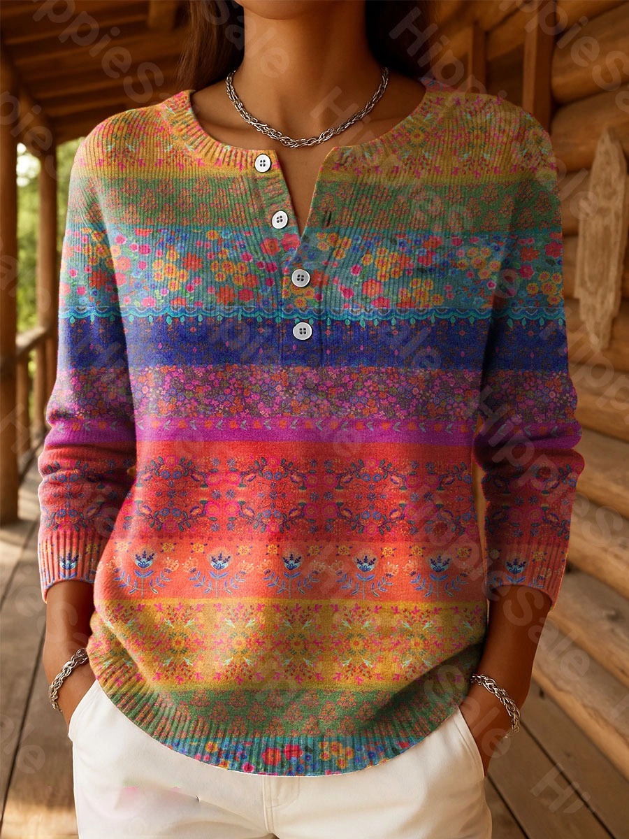 Women's Vintage National Flower Purple Art Print Buttoned Cardigan Sweater