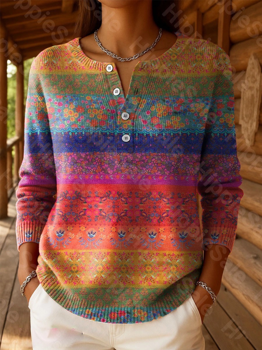 Women's Vintage National Flower Purple Art Print Buttoned Cardigan Sweater