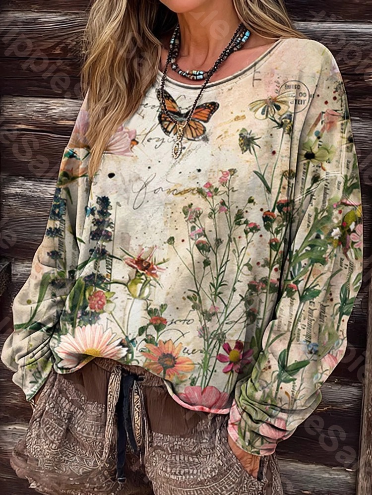Women's Butterfly Flower Art Print Casual Long Sleeve T-shirt