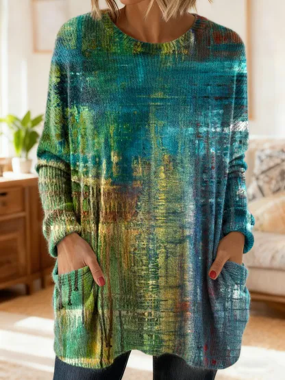 Women's Retro Art Print Casual Long Sleeve Round Neck Cotton Knit Sweater