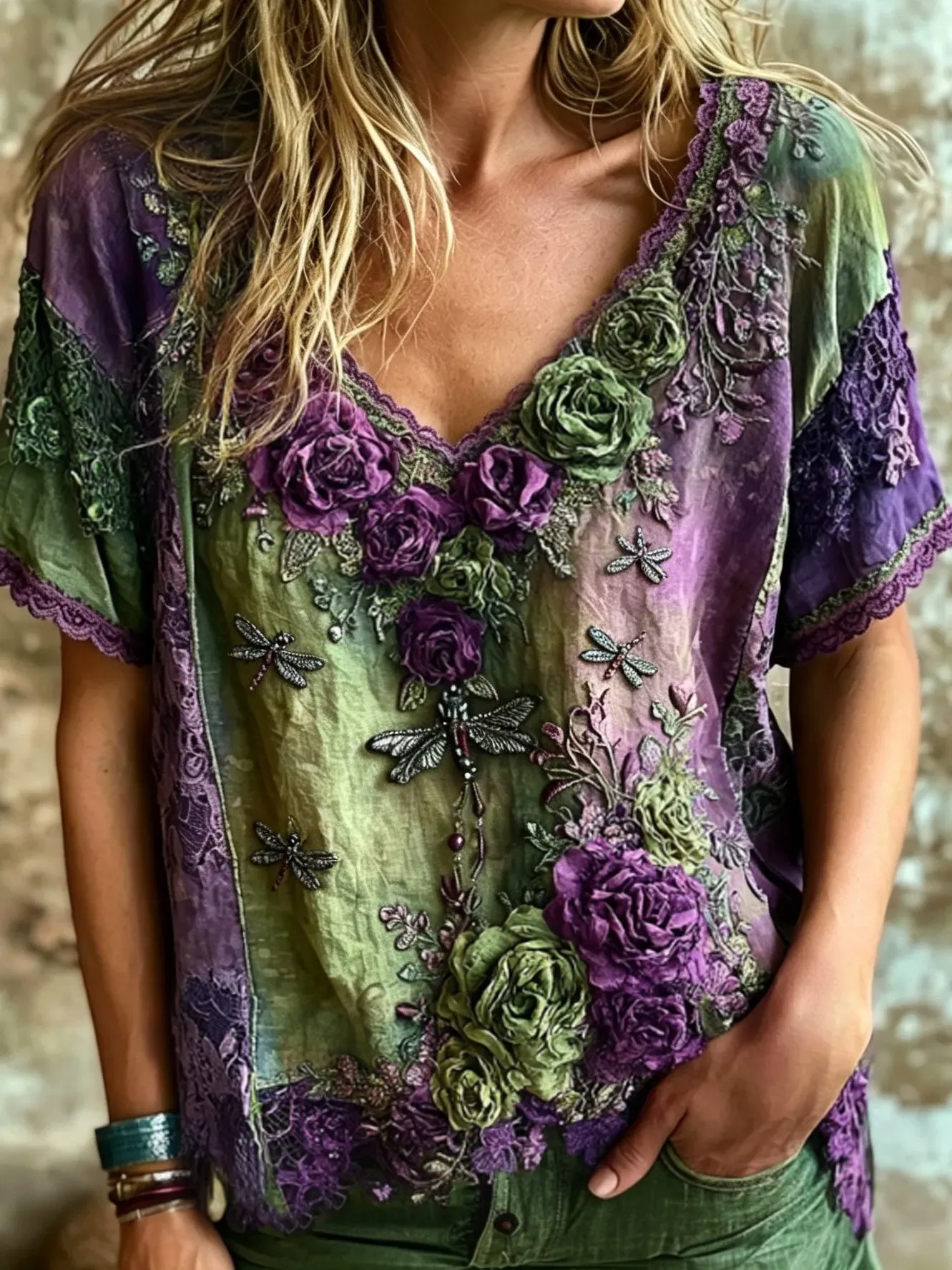 Women's Vintage Bohemian Rose And Dragonfly Embroidered Print Top