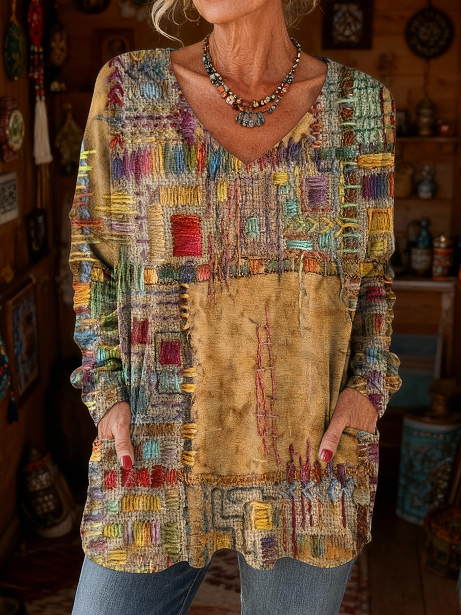 Women's Retro Colorful Art Print Casual Long Sleeve V-Neck T-Shirt